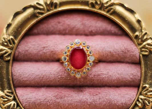 Women's Oval Ring 9x12mm bezel featuring fabric from authentic historically owned clothing with letter of authenticity