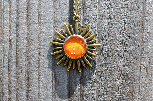 Antique Bronze Sun Pendant Necklace Featuring Fabric From Authenticated Historical Clothing
