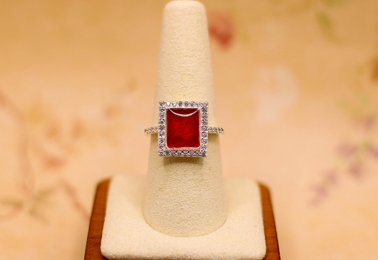 Radiant Red Rectangle Statement Ring with Historical Fabric Inclusion
