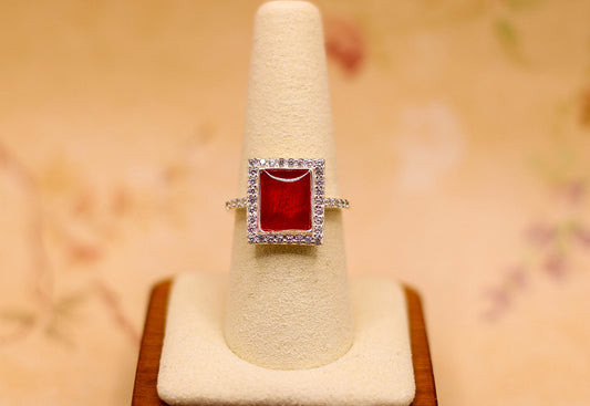 Radiant Red Rectangle Statement Ring with Historical Fabric Inclusion