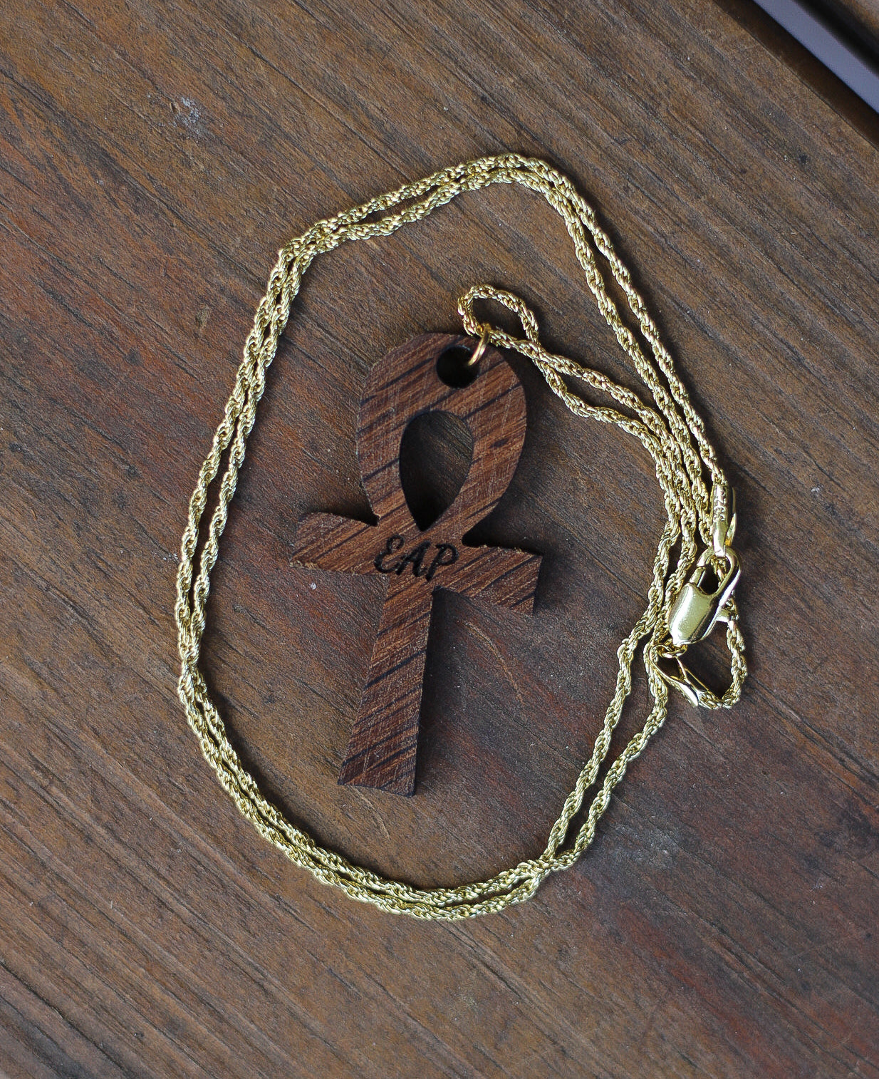 EAP Wooden Ankh Cross With 24" Gold Plated Rope Chain