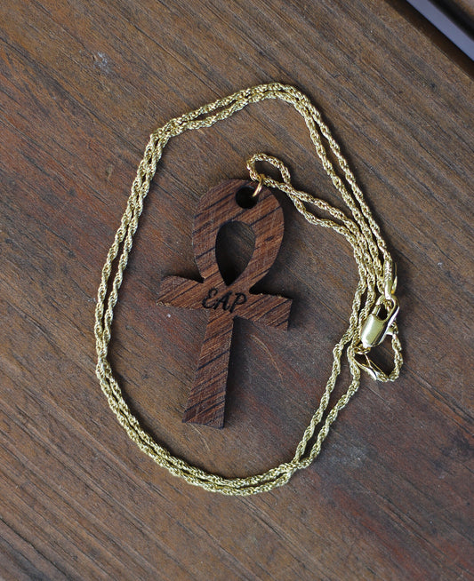 EAP Wooden Ankh Cross With 24" Gold Plated Rope Chain