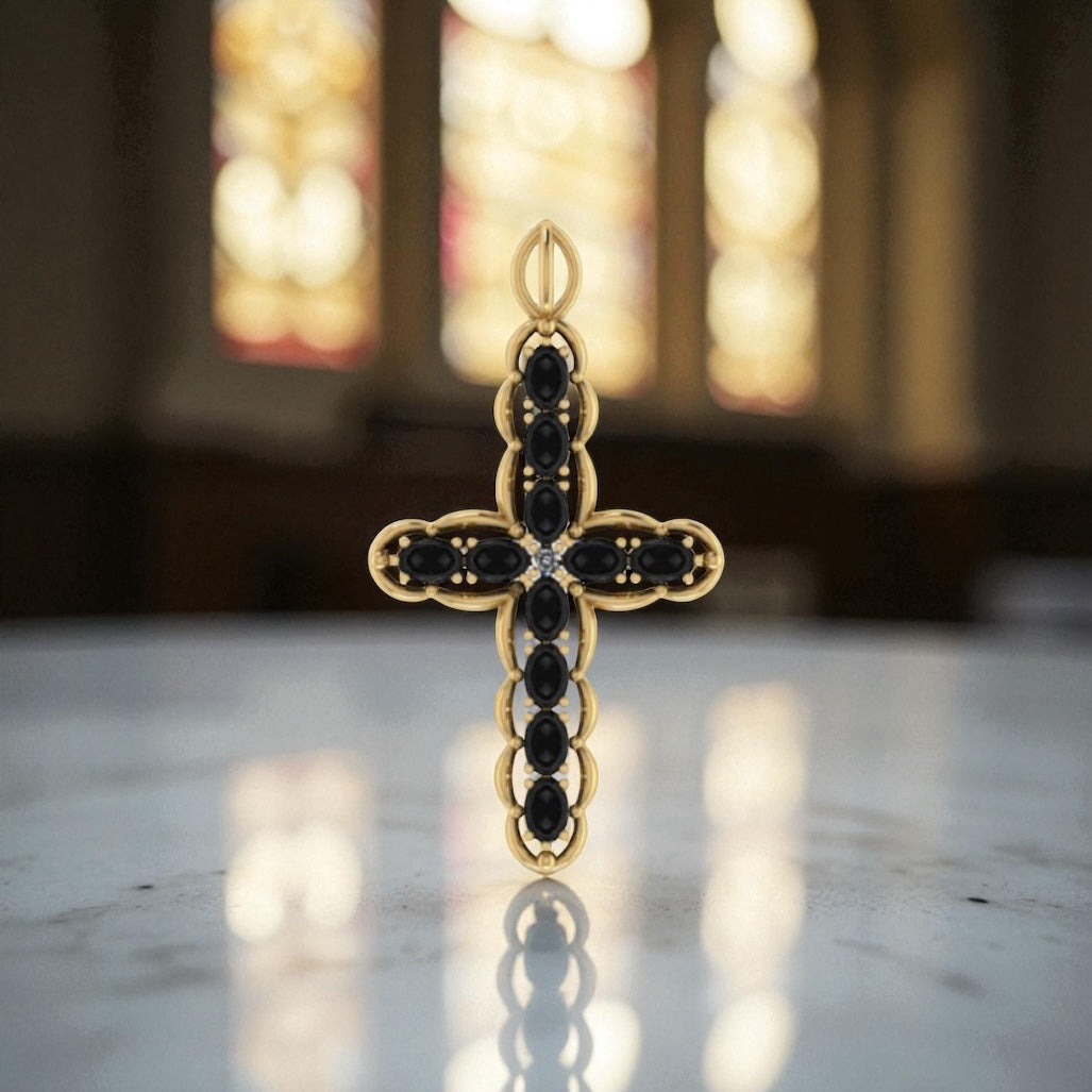Black Onyx Jeweled Cross | History-Inspired Statement Pendant